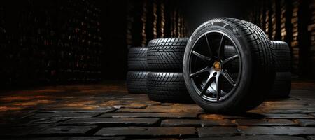 AI generated new car tires blurred background banner Generative AI photo