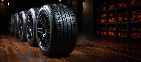 AI generated new car tires blurred background banner Generative AI photo