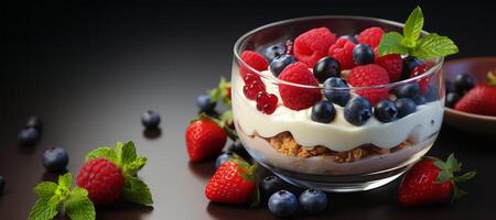 AI generated yogurt with berries on a dark background banner Generative AI photo