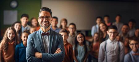 AI generated school teacher on blurred classroom background banner Generative AI photo