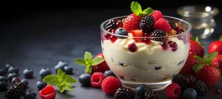 AI generated yogurt with berries on a dark background banner Generative AI photo