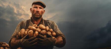 AI generated Farmer holding raw potatoes  in his hands banner Generative AI photo