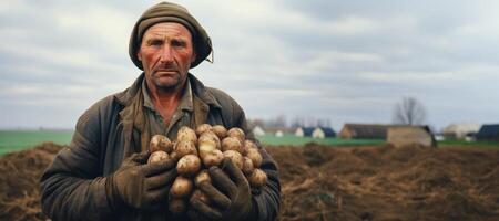 AI generated Farmer holding raw potatoes  in his hands banner Generative AI photo