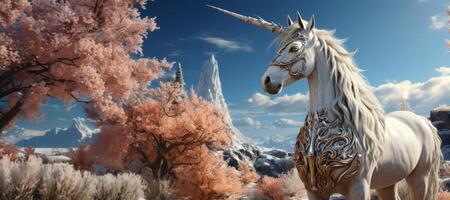 AI generated unicorn against blue sky banner Generative AI photo