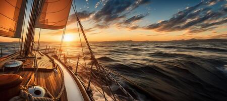 AI generated sunset view from a yacht on the open sea banner Generative AI photo