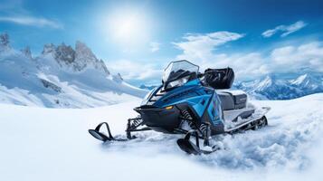 AI generated snowmobile in the mountains banner Generative AI photo