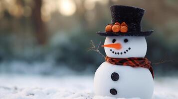 AI generated snowman on blurred background banner Generative AI photo