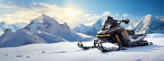 AI generated snowmobile in the mountains banner Generative AI photo