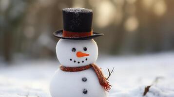 AI generated snowman on blurred background banner Generative AI photo