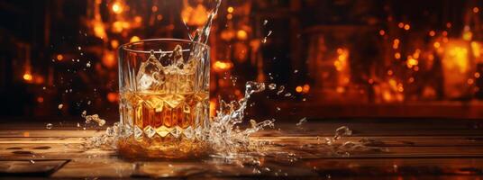 AI generated splash of whiskey with ice on a wooden table, Generative AI photo