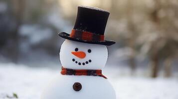 AI generated snowman on blurred background banner Generative AI photo