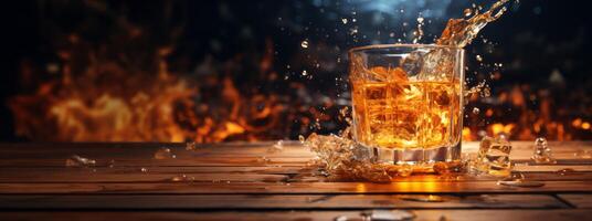 AI generated splash of whiskey with ice on a wooden table, Generative AI photo