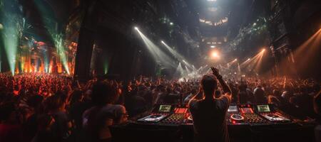 ai generado DJ en contra el fondo de un enorme concierto salón bandera generativo ai foto