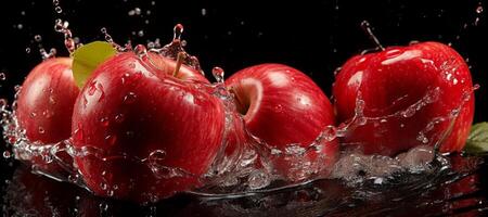 AI generated red apples water splash dark background banner Generative AI photo