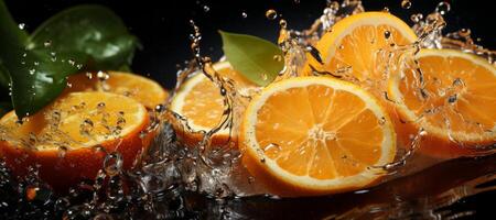 AI generated sliced oranges water splash dark background banner Generative AI photo