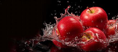 AI generated red apples water splash dark background banner Generative AI photo