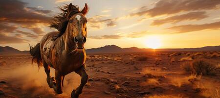 AI generated wild Mustang horse runs in the steppe banner Generative AI photo