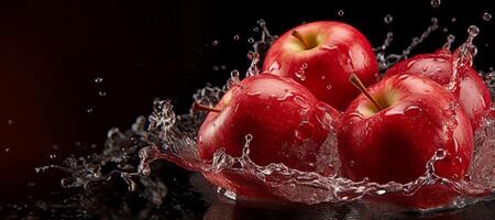 AI generated red apples water splash dark background banner Generative AI photo