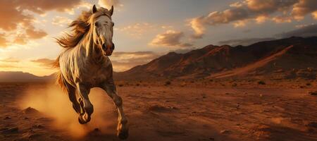 AI generated wild Mustang horse runs in the steppe banner Generative AI photo