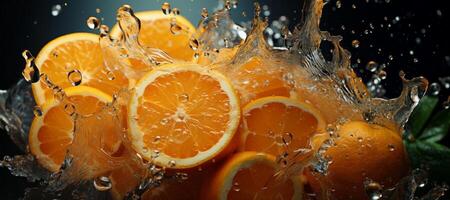 AI generated sliced oranges water splash dark background banner Generative AI photo