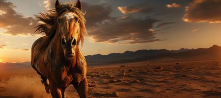 AI generated wild Mustang horse runs in the steppe banner Generative AI photo