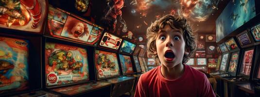 AI generated surprised child in a room with slot machines Generative AI photo