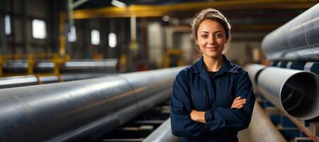 AI generated woman factory worker banner Generative AI photo