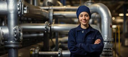 AI generated woman factory worker banner Generative AI photo