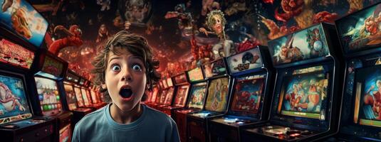 AI generated surprised child in a room with slot machines Generative AI photo