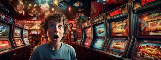 AI generated surprised child in a room with slot machines Generative AI photo