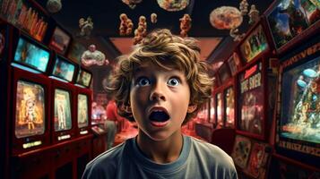 AI generated surprised child in a room with slot machines Generative AI photo