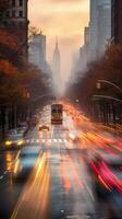 AI generated blurred dynamic rainy city streets photo