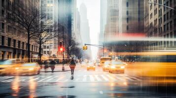 AI generated blurred dynamic rainy city streets photo