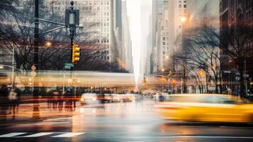 AI generated blurred dynamic rainy city streets photo