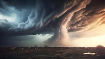 ai generado grande tornado huracán tormenta relámpago oscuro cielo generativo ai foto