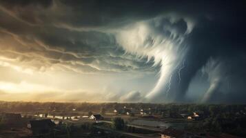 ai generado grande tornado huracán tormenta relámpago oscuro cielo generativo ai foto