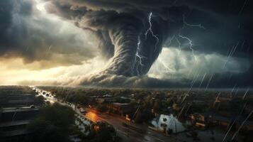 AI generated large tornado hurricane storm lightning dark sky Generative AI photo