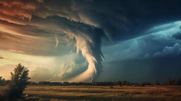 ai generado grande tornado huracán tormenta relámpago oscuro cielo generativo ai foto
