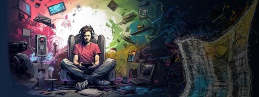 AI generated Gamer in his room sketch Generative AI photo