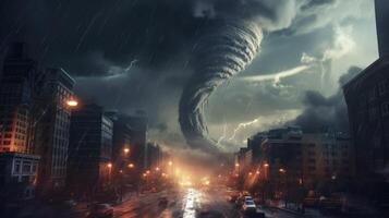ai generado grande tornado huracán tormenta relámpago oscuro cielo generativo ai foto
