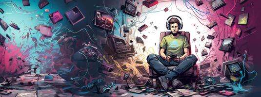 AI generated Gamer in his room sketch Generative AI photo