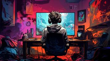 AI generated Gamer in his room sketch Generative AI photo