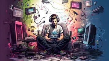 AI generated Gamer in his room sketch Generative AI photo