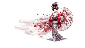 AI generated Japanese geisha on white background banner Generative AI photo