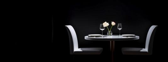 AI generated white table and chairs on a black background banner Generative AI photo