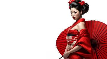 AI generated Japanese geisha on white background banner Generative AI photo