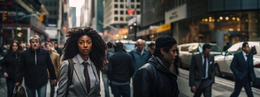 ai generado niña en un borroso ciudad multitud generativo ai foto