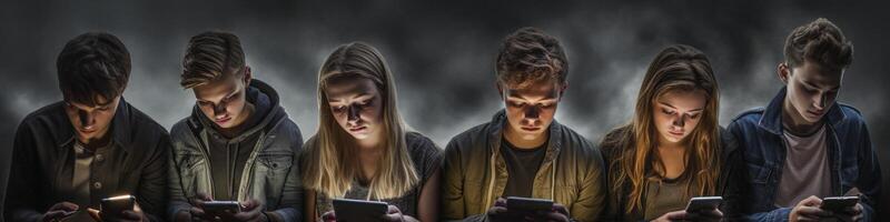 AI generated group of teenagers watching smartphone Generative AI photo