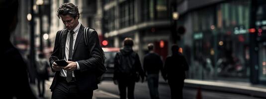 ai generado hombre en un borroso ciudad multitud generativo ai foto