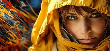 AI generated portrait of a girl in a yellow raincoat close up Generative AI photo